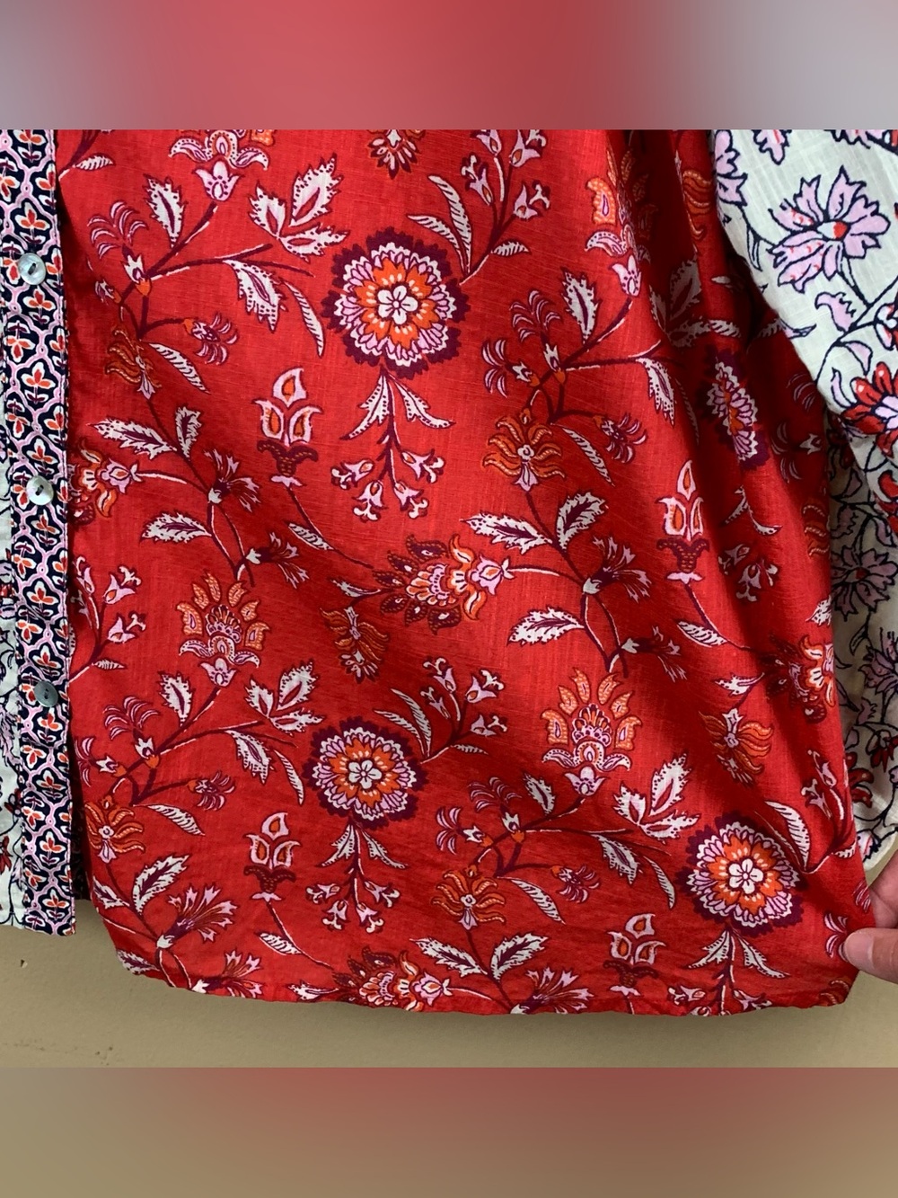 J Jill Shirt Womens 4X Red Colorblock Floral Button Up Cotton Long Sleeve Boho - Picture 8 of 12